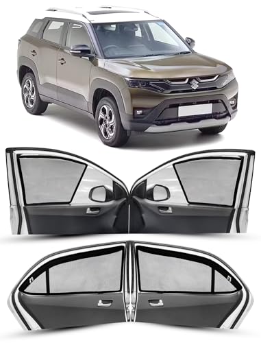Image of Autofact Magnetic Car Sunshades Compatible with Maruti Brezza (2022 to 2024) (Set of 4) - Easy Installation, UV Protection (Front 2 Half-Cut for Side Mirror Visibility, Rear 2 with Zippers)