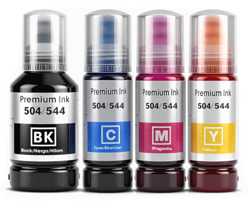 Remanufactured T504 Refill Ink Compatible with EPSON 504 544 Ink Refill Bottles compatible for Ecotank L4150 L4160 L1210 L3210 L3250 L3260 ET-2800 Printers (Black,Cyan,Magenta,Yellow,4 packs)