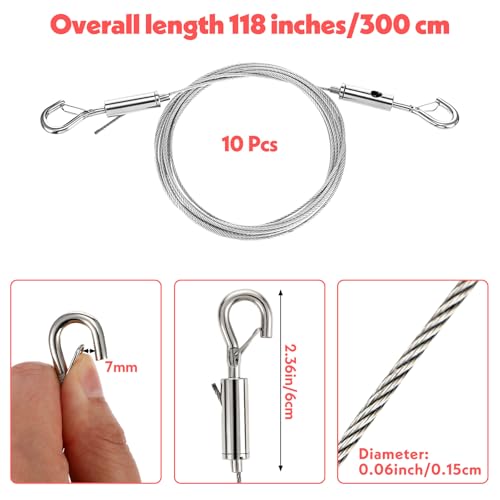 Image of Sibba 10pcs Adjustable Picture Hanging Wire Kit 9.8FT x 1.5mm Stainless Steel Heavy Duty Wire Rope with Hooks Cables Ropes for Hanging Mirrors, Billboards, Lamps, Flowerpot, Basket, Artwork (33lbs)