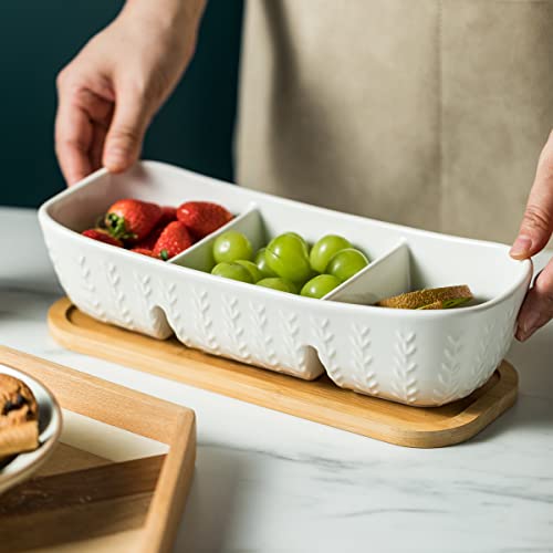 Chip and Dip Serving Set with Acacia Wood Serving Tray Porcelain Divided Platters Condiment Set Perfect for Snack Appetizer, Charcuterie, Food, Large, 11-inches Christmas Serving Trays and Platters - Thumbnail 3