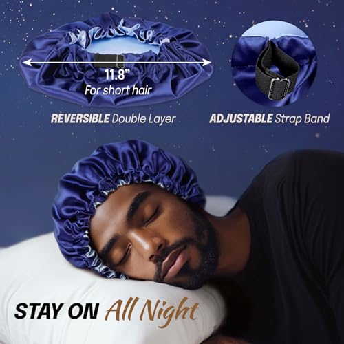 Image of Fittia Men's Satin Bonnet for Short Hair with Adjustable Strap - Sleeping Cap for Fade, Afro & Natural Hair Care, Wave Cap