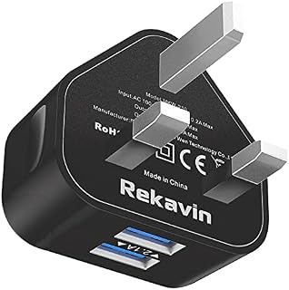 USB Plug UK Mains Charger,Rekavin Dual USB Plug Adapter UK Compact Wall Charge Head 2.1A with Smart IC Fast Charging Technology for iPhone 13 12 11 Xs/XS Max/XR/X/8/7/6/Plus,iPad Pro/Air 2/Mini 4 etc
