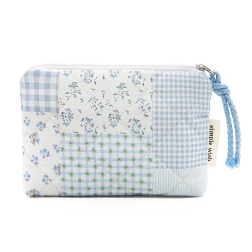 LJCZKA Cotton Quilted Coin Purse for Women Ladies, Small Floral Pouch with Zipper, Cute Mini Organizer Bag for Travel (Blue)