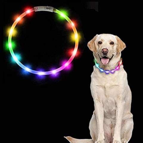 Dricar Light Up Dog Collar, USB Rechargeable LED Flashing Dog Collar with 3 Glowing Light Modes, Pet Visibility & Safety Collar Adjustable Size Fit for Small Medium Large Dogs Cats (Rainbow Color) Cover