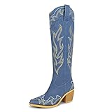 wetkiss Denim Cowboy Boots for Women Denim Blue Cowboy Cowgirl Boots for Women Denim Western Boots for Women Mid Calf Cowboy Cowgirl Boots Denim Blue Knee High Cowboy Boots Denim Boots