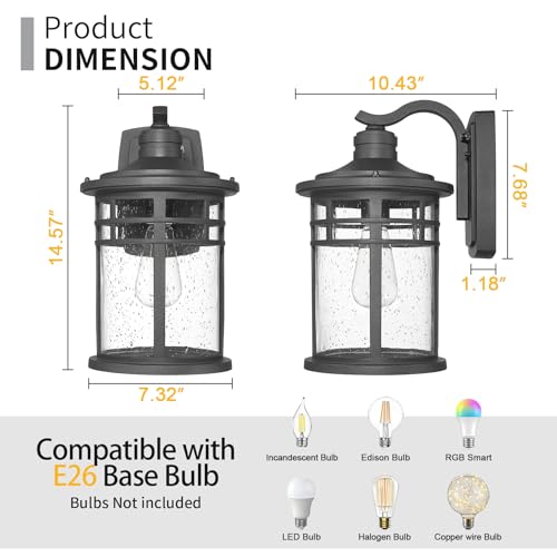 Image of Darkaway Dusk to Dawn Outdoor Porch Wall Light,Outside Wall Mounted Light Seeded Glass Exterior Waterproof Lantern 14.57inch Large Modern Wall Sconce Lighting for House Front Door Garage