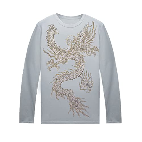 HZCX FASHION Men Womens Graphic Tees Long Sleeve T-Shirt Funny Rhinestone Shirts(Fly Dragon White,Large)