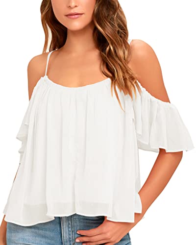 Womens Cute Cold Shoulder Camis Shirt Tops Casual Scoop Neck Spaghetti Strap Ruffle Flowy Chiffon Blouse Top White #TOP27