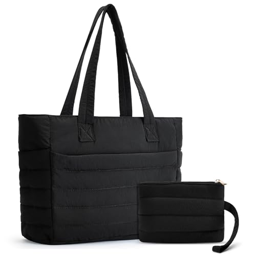 Axcone Bolsa feminina acolchoada leve com vários bolsos, compartimento para laptop e bolsa de maquiagem para presente, Preto, One Size