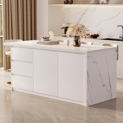 homary 72" Kitchen Island with Storage & Wine Rack, Marble-Pattern