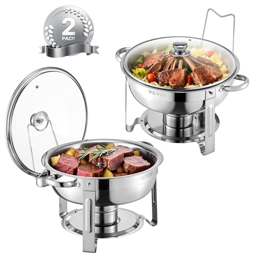 VEVOR Chafing Dish Buffet Set,5 Qt 2 Pack,Stainless Steel Chafer with 2 Full Size Pan,Round Catering Warmer Server with Glass Lid Water Pan Folding Stand Fuel Holder, for Wedding Party Banquet, Silver