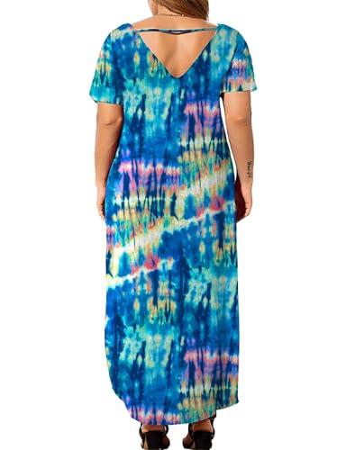 Image of Women's Plus Size Maxi Dresses V Neck Casual Short Sleeve Loose Pocket Slits Long Dress XL-5XL