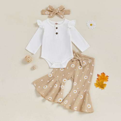 Infant Baby Girl Fall Outfit Ruffle Long Sleeve Bodysuit with Daisy Flare Pants and Headband Clothing Set3
