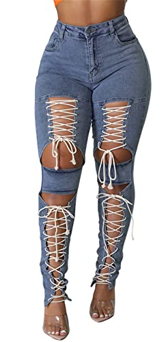 Womens Sexy Denim Cut Off Butt Lift Stretch Ripped Lace Up Bodycon Skinny Casual Pants Jeans
