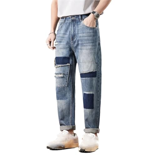 Men’S Urban Loose Fit Patchwork Tear Denim Cargo Pants Button Fly Distressed Wear Resistant Full Length Jeans