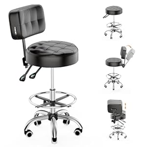 YJHome Rolling Stool, Rolling Stools with Wheels Foot Rest, Backrest Adjustable Height, Heavy Duty 400lbs Weight Capacity, Salon Spa Tattoo Massage Office Swivel Stool Chair (Black)