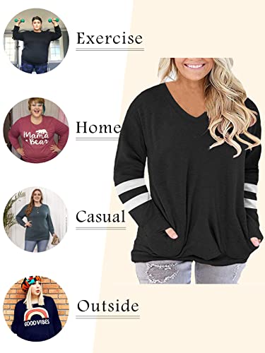 Plus Size Sweatshirts For Women 3X V Neck Shirts Blouses With Pockets Black 24W #TOP2
