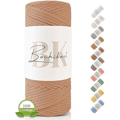 BOCHIKNOT Braided Macrame Cord 4mm x 109yds - Braided Rope for Macrame Wall Hangings, Plant Hangers - 4mm Braided Macrame Cord - Cotton Macrame Cord for Crafts - 4mm Macrame Cord Braided (Cappuccino) Cover
