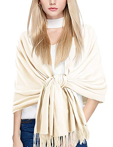 MuNiSa Women's Large Soft Pashmina Cashmere Blend Shawls Wrap Stole Scarf with Tassel (Ivory)