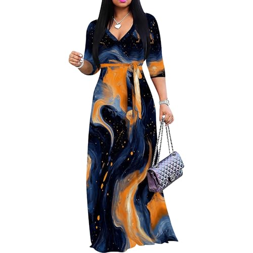 Image of PinkPatty Women's Print Maxi Dresses 3 /4 Sleeve Flowy Long Dress V Neck Wrap Tie Waist Sundress