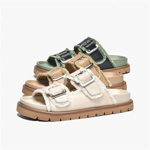 Women's Cow Leather Buckle Decoration Slippers - Double Strap Summer Beach Flats4