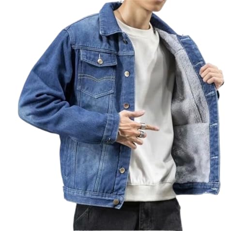 SYZYN Men's Denim Jacket Winter Thickened Adding fluff Fashion Vintage Biker Jean Jackets Cotton Trucker Coat Cowboy (Dark blue,XX-Large)