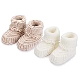 FABRST 2 Pairs Baby Booties Newborn Baby Sock Shoes Hand Crochet Knit Boots Infant Soft Cozy Warm Shoes for Girls Boys(Khaki White)