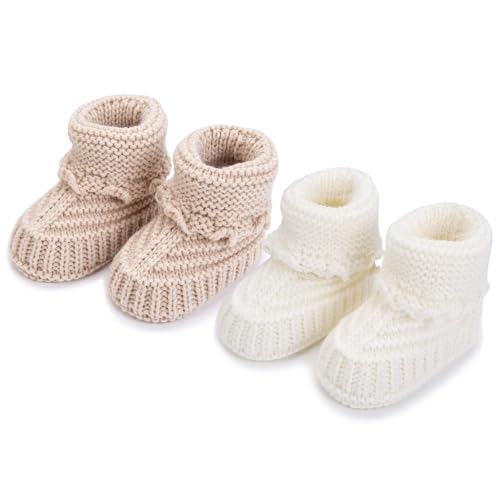 FABRST 2 Pairs Baby Booties Newborn Baby Sock Shoes Hand Crochet Knit Boots Infant Soft Cozy Warm Shoes for Girls Boys(Khaki White)