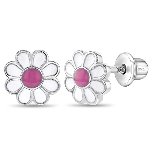 925 Sterling Silver Enamel Daisy Flower Girl's Earrings with Safety Screw Back Locking Best for Toddlers, Young Girls, and Pre Teens - Sweet and Lovely Floral Studs for Girls