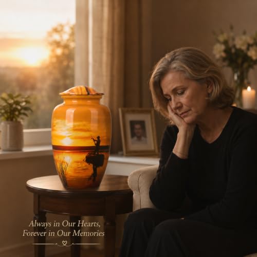 Image of Fishing Cremation Urn for Human Ashes - Large Urn for Adult Male or Female, Holds Up to 200 lbs - Yellow Memorial Urn with Black Velvet Bag