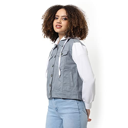 Image of Campus Sutra Women Grey & White Regular Fit Denim Jacket For Winter Wear | Collared Neck | Full Sleeve | Buttoned | Casual Jacket For Woman & Girl | Western Stylish Jacket For Women