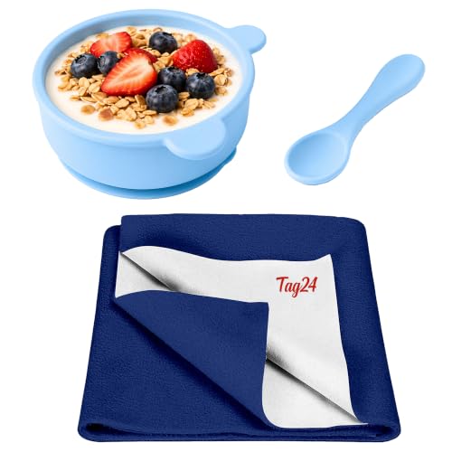 Image of Silicone Baby Feeding Bowl and Spoon Set with Suction Base, BPA-Free, Non-Slip, Safe for Infants and Toddlers Mealtime Blue