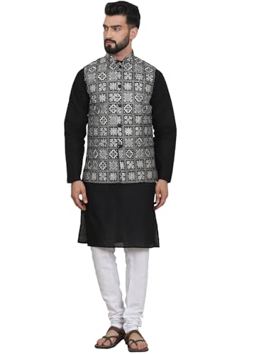Image of SOJANYA (Since 1958 Men's Cotton Chikankari Kurta and White Pyjama with Embroidered Nehru Jacket