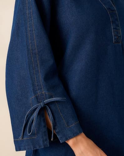 Womens Denim Shirt Dress Collared V Neck Bell Long Sleeve Mini Casual A-line Jean Dresses with Bow4