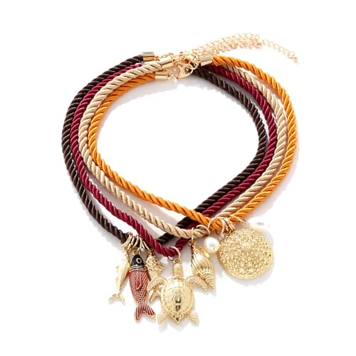 Boho Beach Pendant Necklace Set Summer Colorful Layered Braided Cord Necklace Fashion Charm Multi Layer Rope Marine Animal Pendant Necklace Beach Holiday Party Jewelry