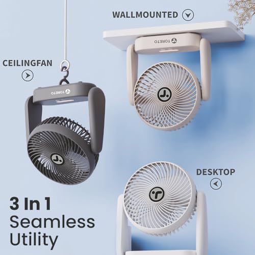 Image of Toreto SnapCool 3-in-1 Portable Rechargeable Fan with Night Light, Type-C Charging, 3 Speed Modes, 360 Adjustable, Desktop /Wall /Ceiling Mount, 1 Year Warranty (White)