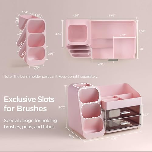 HBlife Makeup Organizer with Brush Holder for Vanity, Large Plastic Bathroom Countertop Organizer Skin Care Storage, Easy to Store Lipsticks, Nail Polishes, Perfumes, Eyeshadow Palettes, Pink by HBlife - Image 4