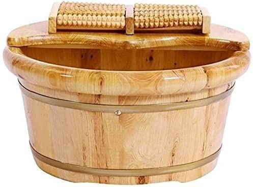 Tina para pies de madera maciza de ciprés con puntos de acupuntura - Tazón de masaje para pies con tapa y ruedas universales movibles