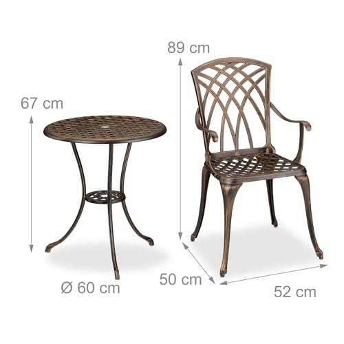 Relaxdays Gartenmöbel Set 3-teilig, Tisch, 2 Stühle, Aluguss, Balkonmöbel Antikdesign, Garten Sitzgruppe, schwarz/Bronze
