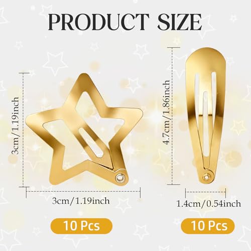20 Pcs Star and Teardrop Hair Clips Set, Cute Snap Metal Barrettes & Hair Clips, Water Drop Non Fashion Slip Hair, 2 Kinds for Women Girls Hair Styling Gift, Gold