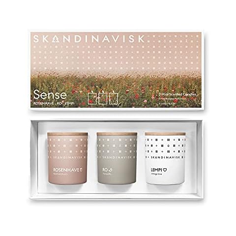Skandinavisk - Sense Giftset of 3 Mini Scented Candles. ROSENHAVE 'Rose Garden', RO 'Tranquility', and LEMPI 'Love'. Vegan Formula. 3 x 65g Cover