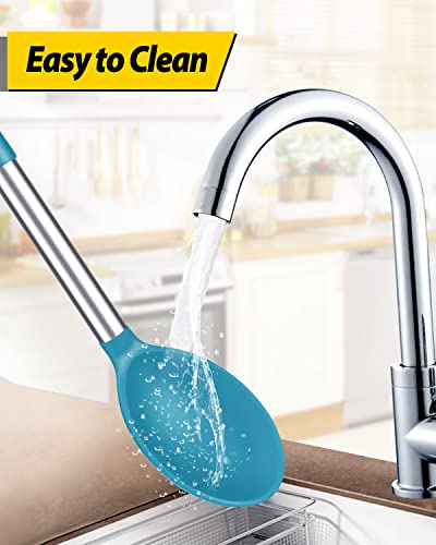 Pack of 2 Large Silicone Cooking Spoon,Non Stick Solid Basting Spoon,Heat-Resistant Kitchen Utensils for Mixing,Serving,Draining (Blue)