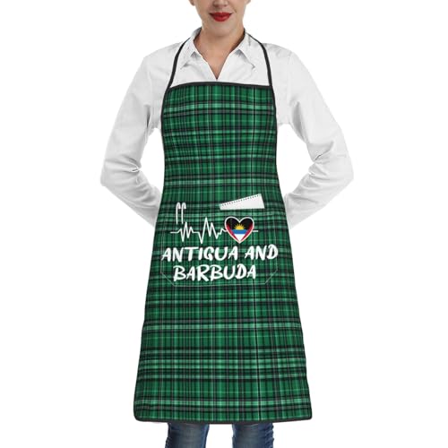 nopicsn Antigua and Barbuda Heartbeat Apron for cooking with Pockets Women Men Kitchen Chef Funny Aprons
