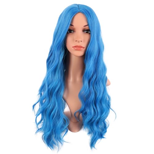 MapofBeauty 28 Zoll/70 cm Länge Wavy Synthetische Faser Lockige Haarfasern Ersatz Perücke für Partys Cosplay Täglich Perücke (Gemischt Vivid Blau)