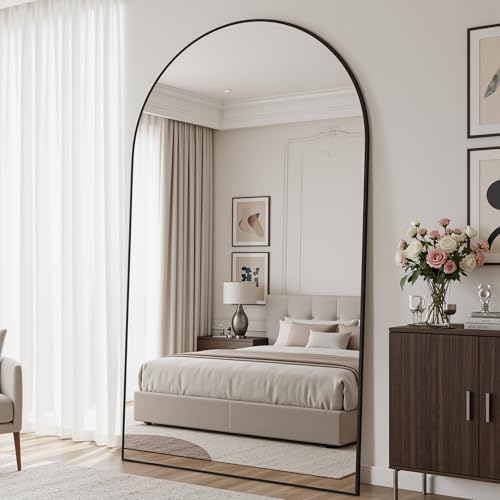 Image of Full Length Mirror, 82 inchx44 inch Arched Floor Mirror Freestanding, Floor Standing Full Body Mirror with Stand for Bedroom, Hanging Mounted for Living Room Cloakroom, Black
