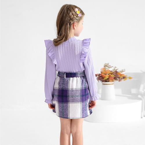 Image of Weixinbuy Toddler Girl Fall Winter Clothes Solid Long Sleeve Ribbed T-Shirt Knit Tops Plaid Button Mini Skirts Set Outfits