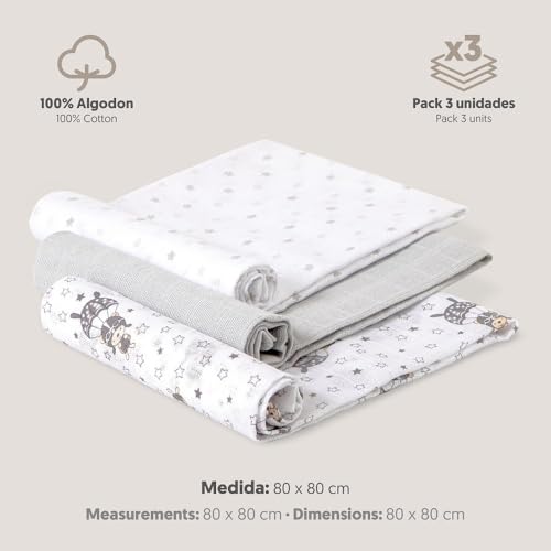 Interbaby Musselinas Bebé Algodão 80x80cm | Pack 3 Gasas para Bebés Recém-Nascidos, Amamentação, Toalha, Manta | Musselinas Bebé Confortável, Macia, Respirável | Design Paraquedista Cinza