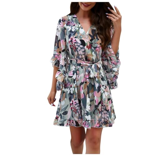 Vestidos Cortos Estampados Casuales Para Mujer Moda V-cuello Vestido De Manga Corta Elegante Fiesta En La Playa Sundress Vestidos(Blue,S)