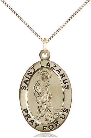 14kt Gold Filled St Lazarus Pendant on a 24 inch Gold Filled Light Curb Chain.