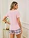 Litherday Schlafanzug Damen Kurz Baumwolle Pyjama Kurzarm Sommer Shorty Nachtwäsche Set Schlafhose Gedruckt Sleepwear V Kariert Aussschnitt Loungewear,Rosa Kariert,L
